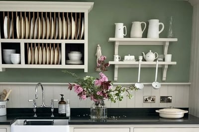 Sage green painted kitchen wall above white beadboard with a plate rack and open shelving