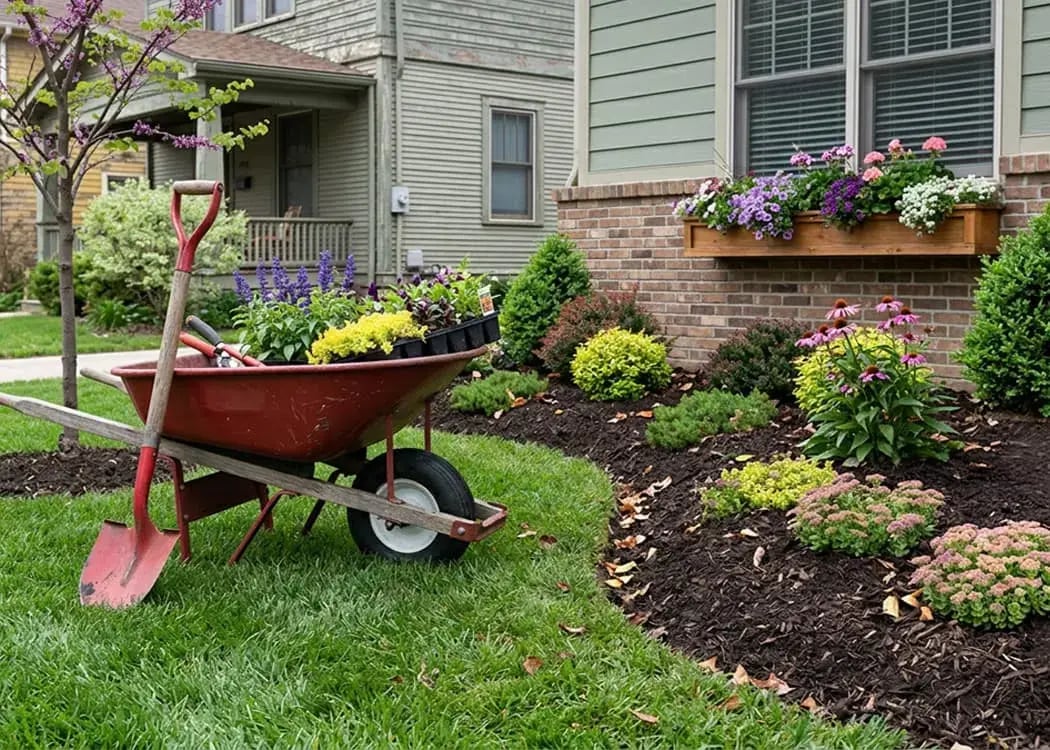 Wheelbarrow of flowering plants beside fresh mulch beds and a window box during a front-yard landscaping project