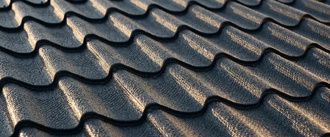 Matte textured metal roofing finish sample with a granular surface and curved barrel-tile profile by Hybrid Renovations