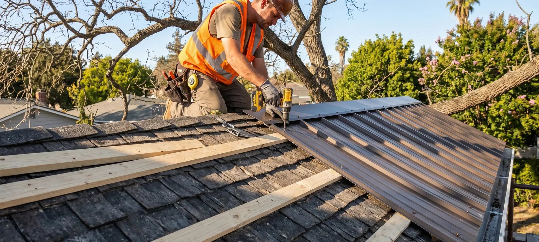 Installer drilling corrugated metal roofing over an existing wood shingle roof on a residential home