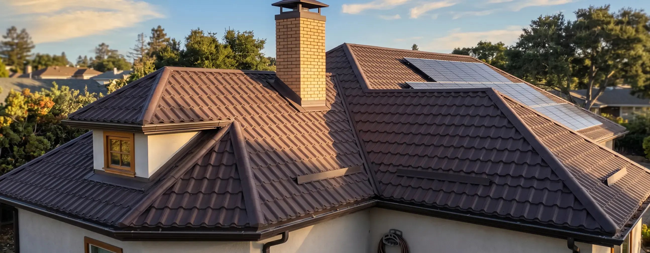 Brown metal tile roofing with rooftop solar panels and a brick chimney on a residential home