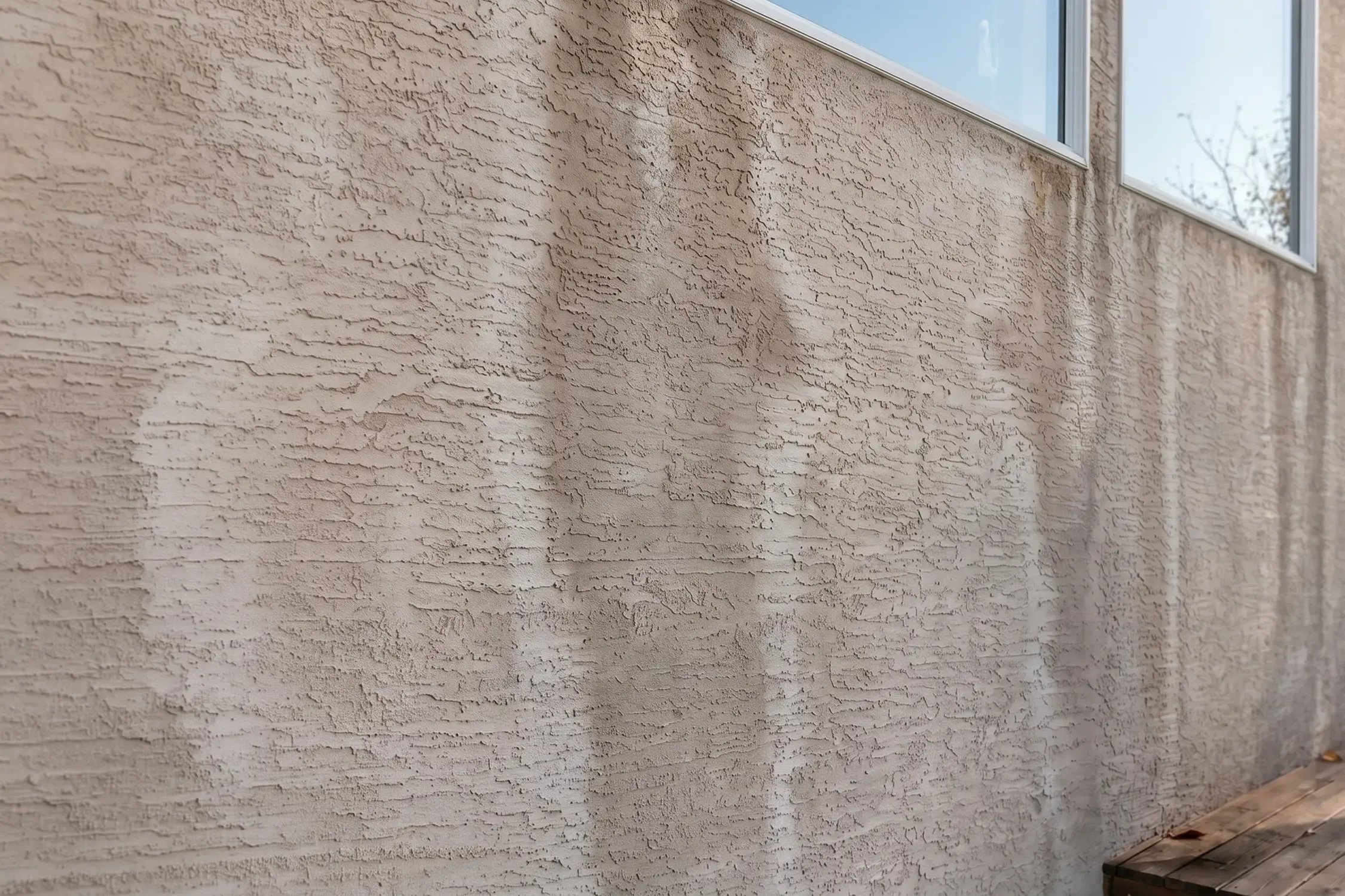 Dark mildew streaks and water staining on a shaded textured stucco exterior wall before repainting