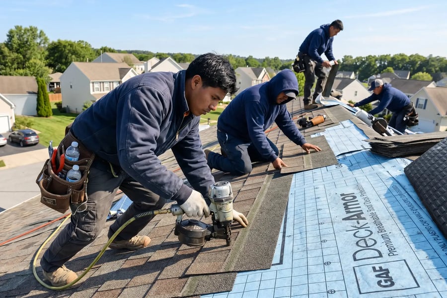 Roofing crew nailing asphalt shingles over synthetic underlayment on a new residential roof, Hybrid Renovations