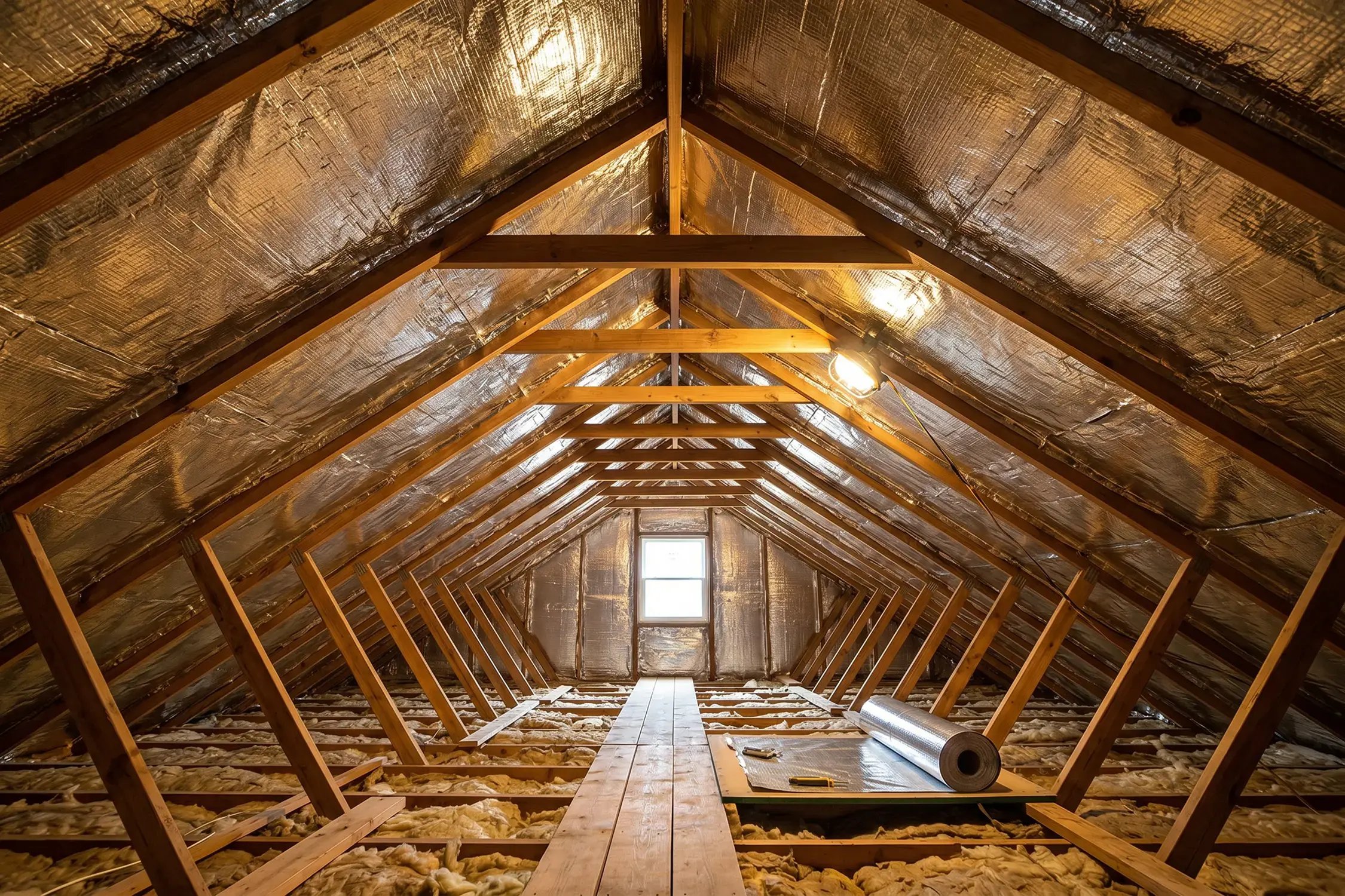 Radiant barrier attic insulation installed under roof rafters to help reflect heat and improve attic efficiency.
