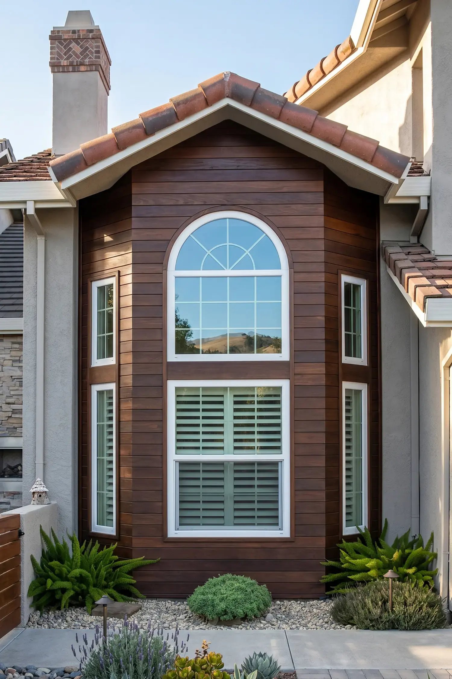 White arched picture window above a single-hung window on a wood-sided home — Hybrid Renovations general contractor