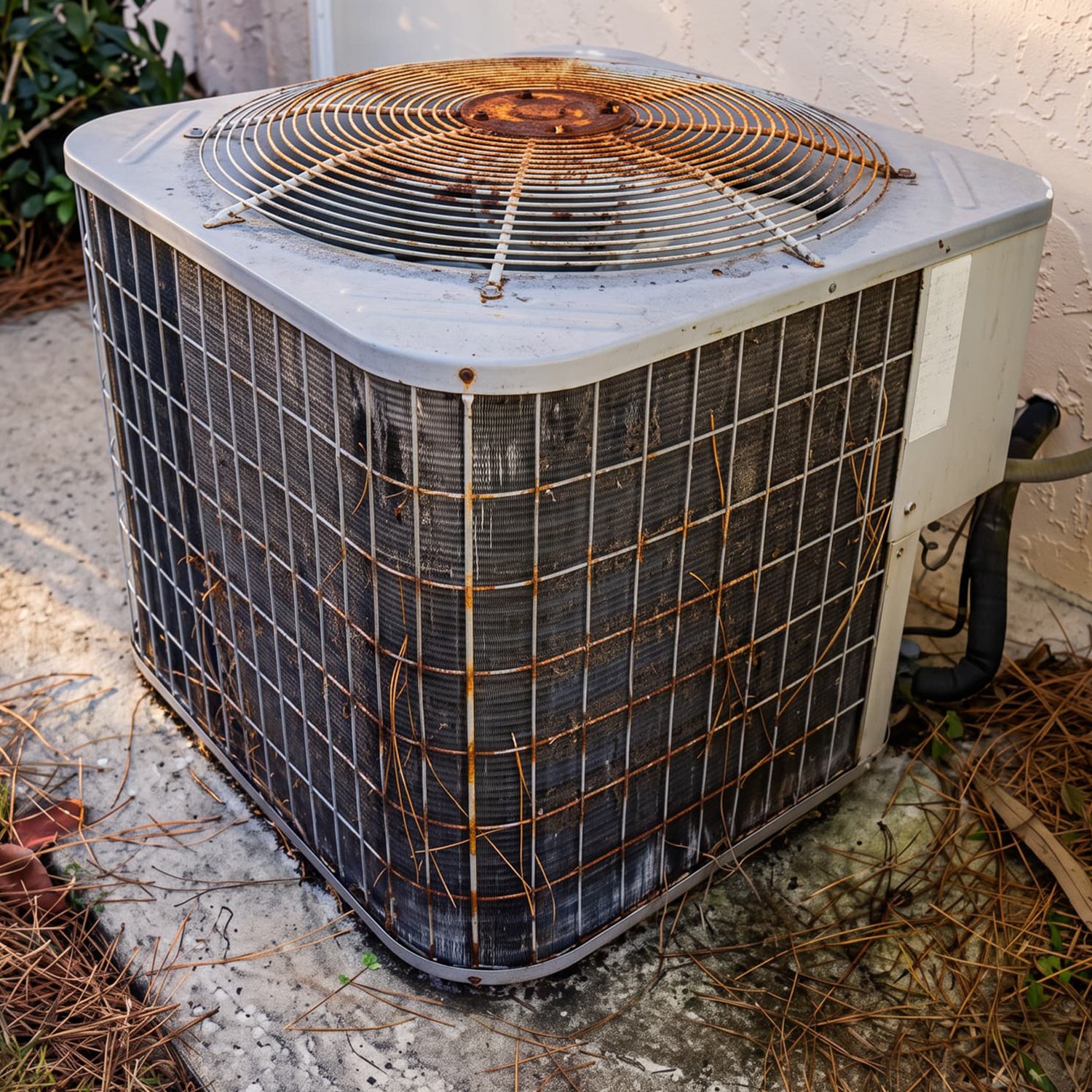 Rusted outdoor HVAC condenser unit with debris collected around the coils before system replacement