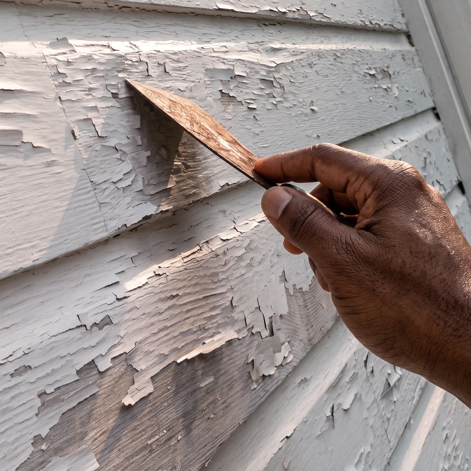 Peeling paint scraped from weathered wood lap siding before exterior repaint on a residential home