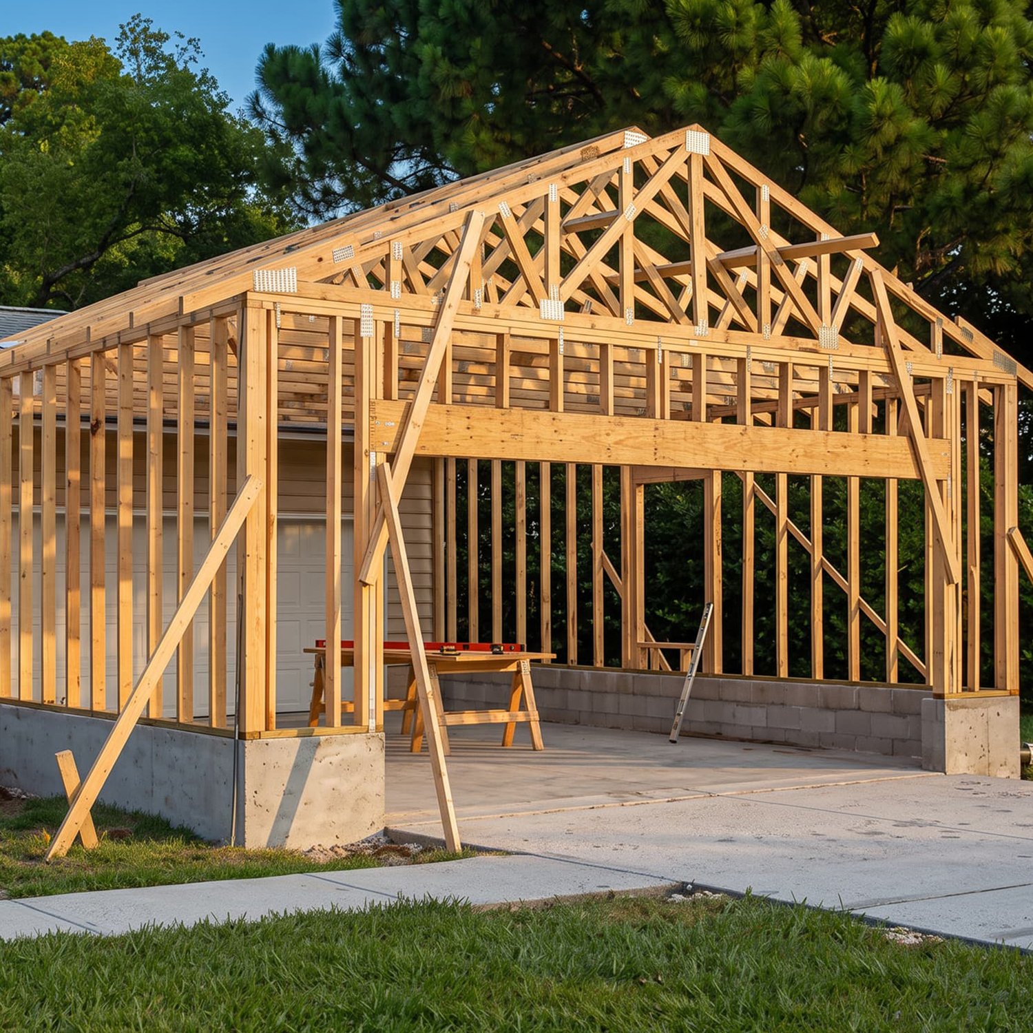 Wood framing and roof trusses on a residential room addition under construction beside an existing home