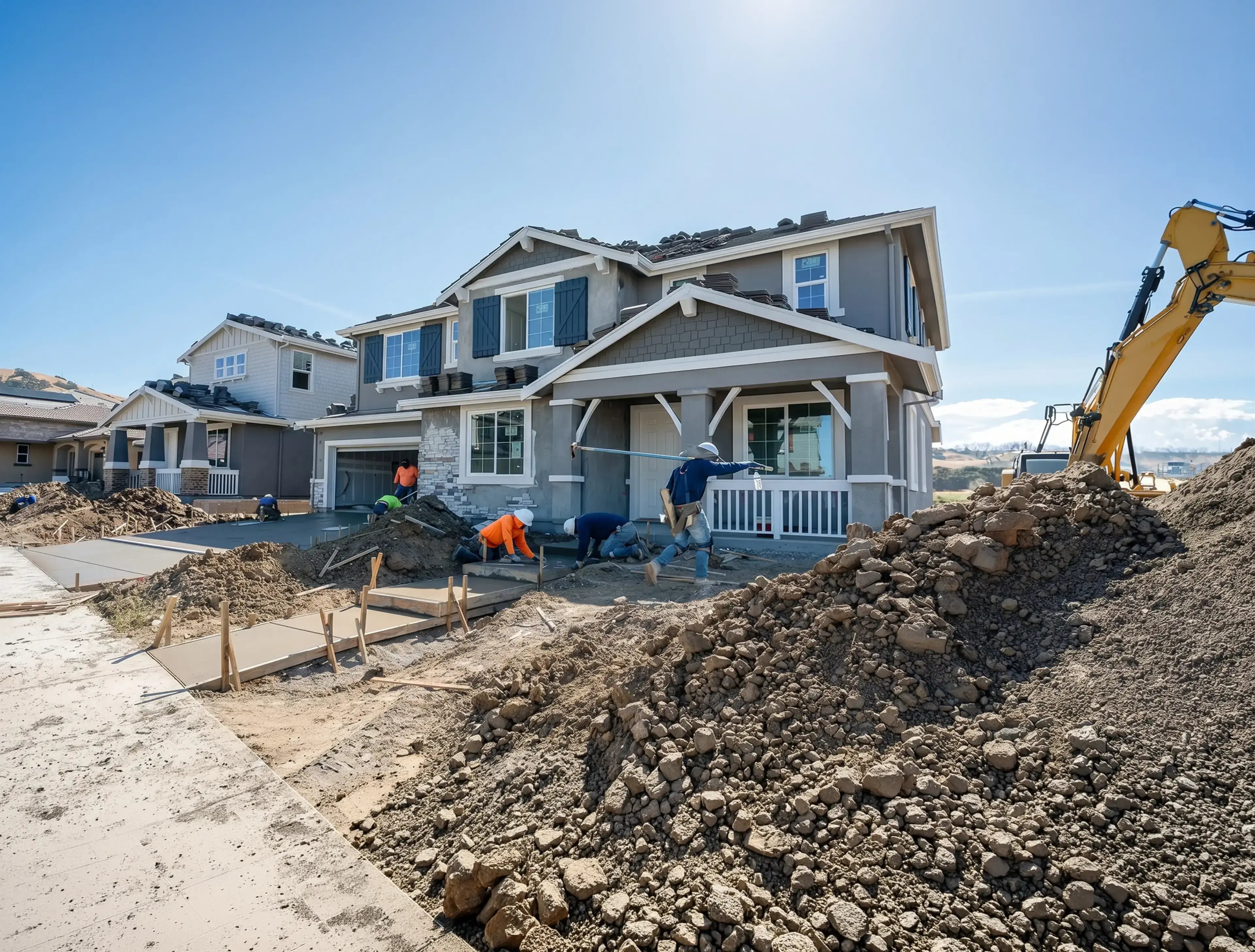 Crew pouring concrete and stacking roof tile at a two-story home under construction by Hybrid Renovations general contractor