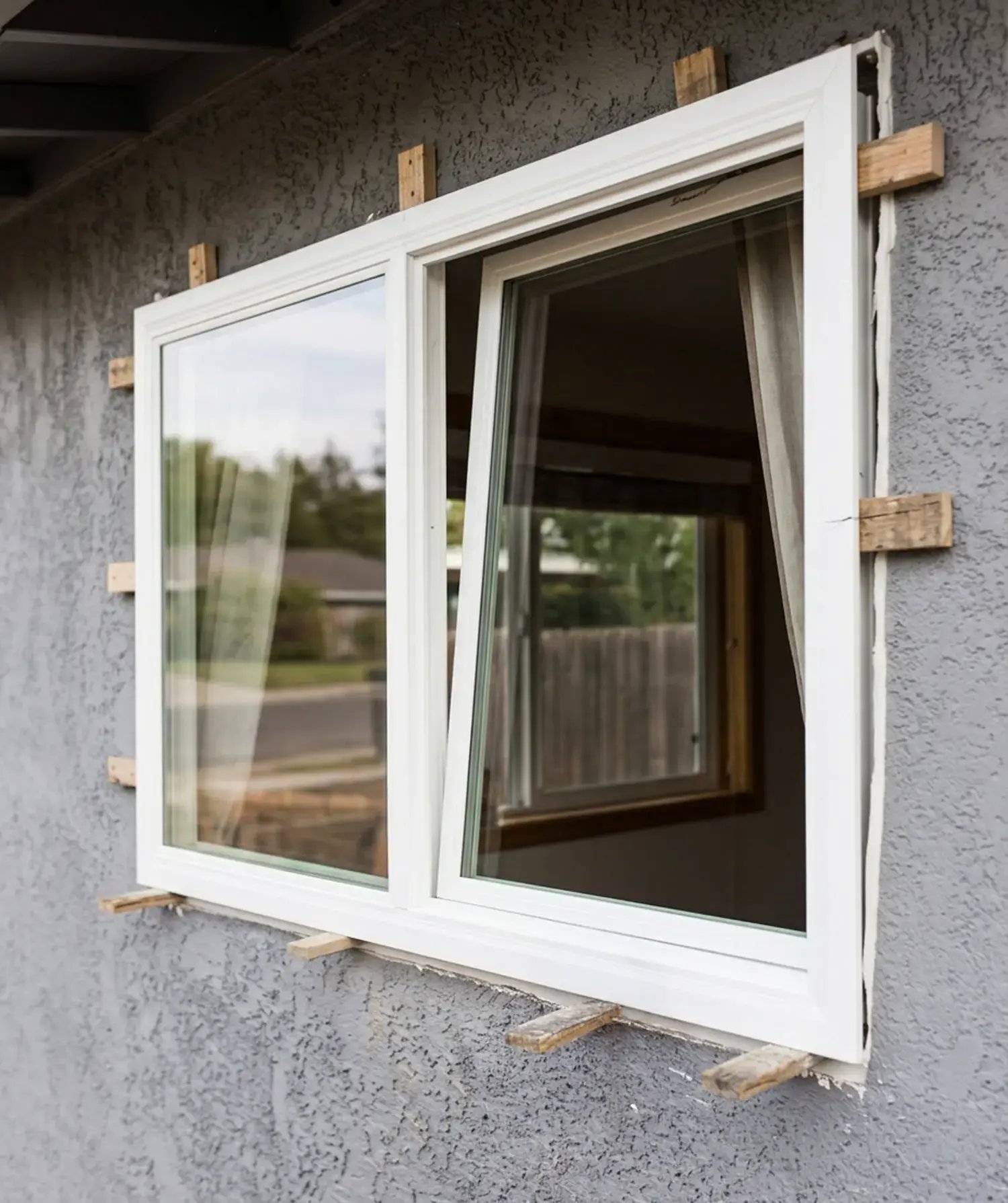 White-framed window set and braced in a stucco opening during a residential retrofit window installation