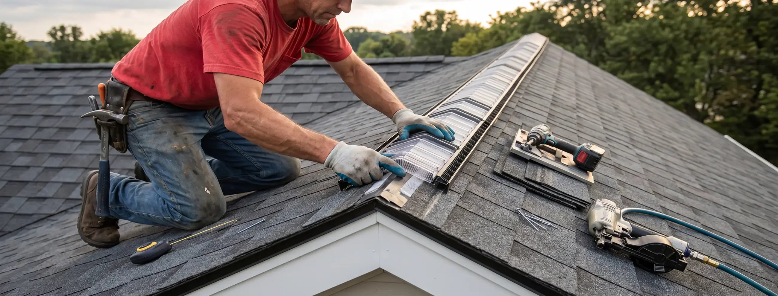 Roofer installing a ridge vent along the peak of an asphalt shingle roof for attic ventilation — Hybrid Renovations