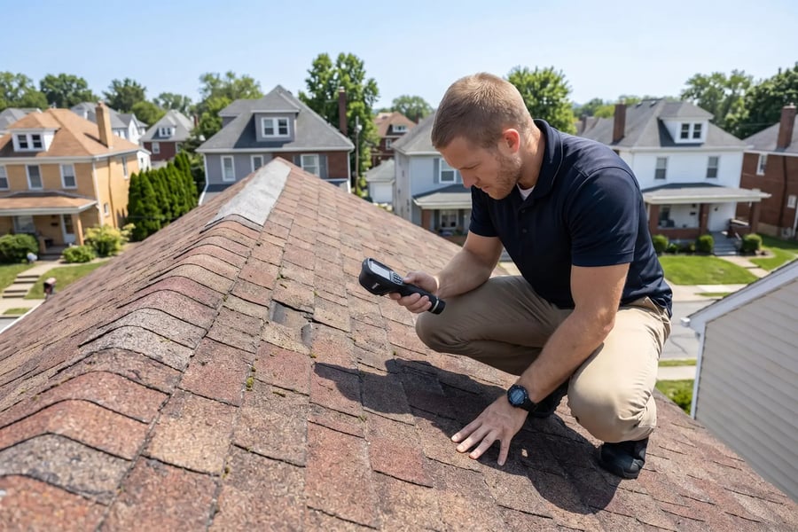 Roofing inspector using a moisture meter to assess weathered asphalt shingles on a residential roof, Hybrid Renovations