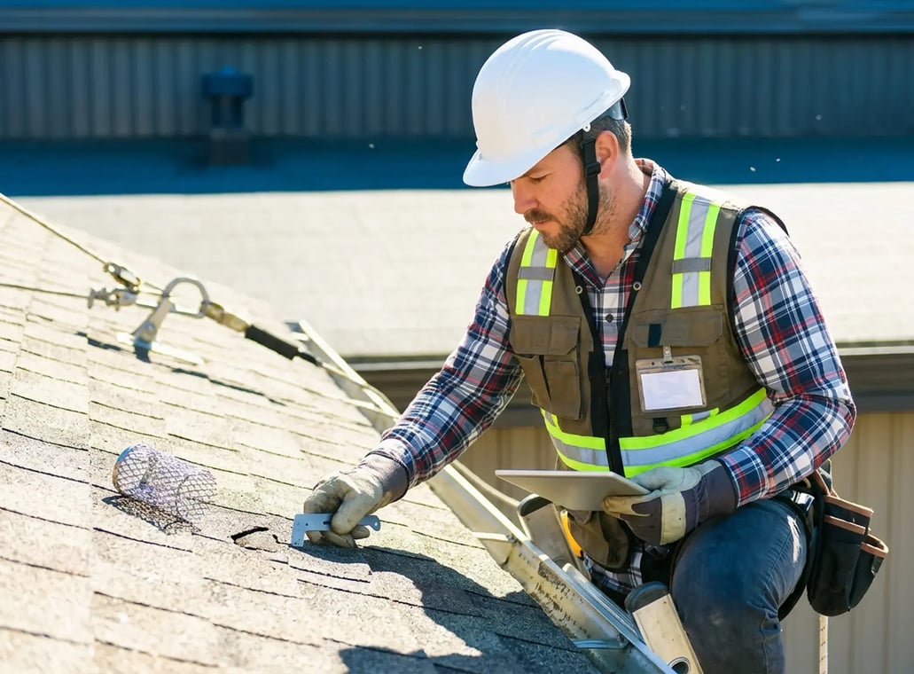 Roof inspector in hard hat and safety vest measuring a damaged shingle with a tablet during a residential roof inspection — Hybrid Renovations