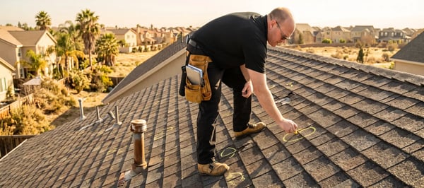 Inspector marking damaged shingles in yellow chalk during a roof condition inspection on a single-family home