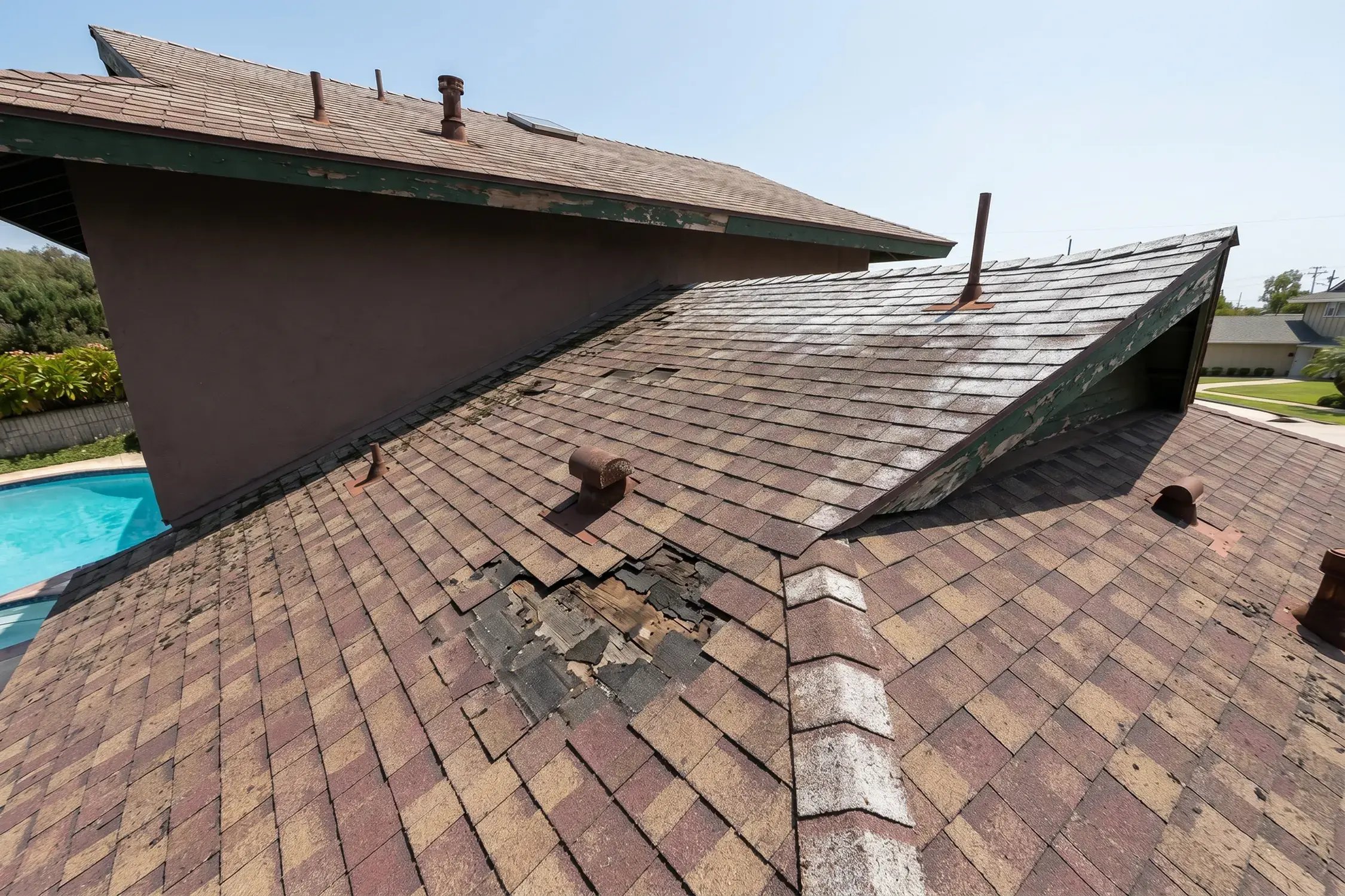 Weathered shingles with bleaching and an open hole in the field before two-layer tear-off in Anaheim