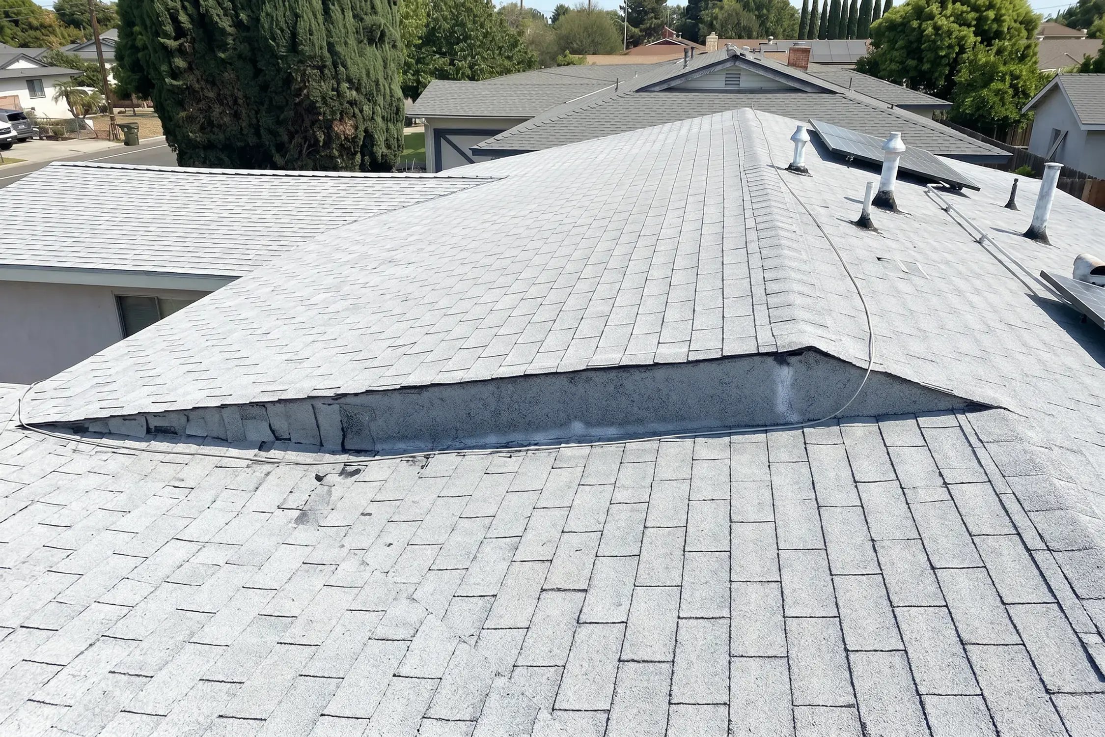 Worn composition shingles with the low-slope section stripped before roof tear-off on single-story home, Anaheim