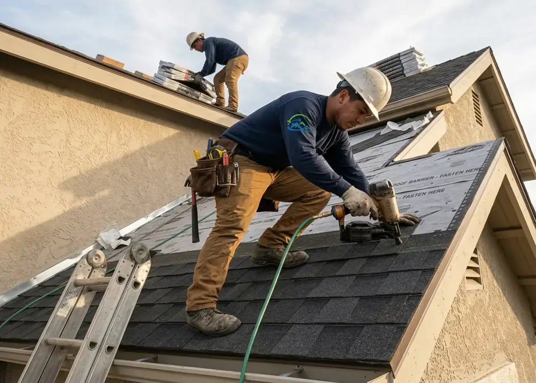 Two roofers nailing asphalt shingles over felt underlayment on a single-family roof, Hybrid Renovations roofing contractor