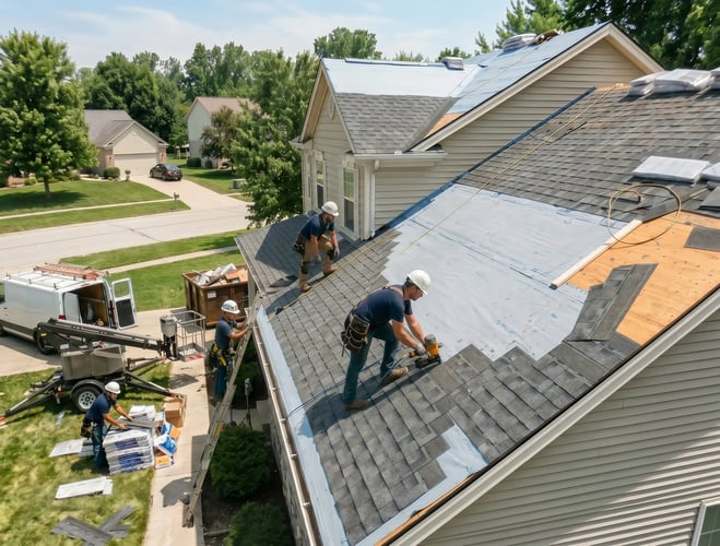 Hybrid Renovations crew installing brand-name architectural shingles on a suburban home