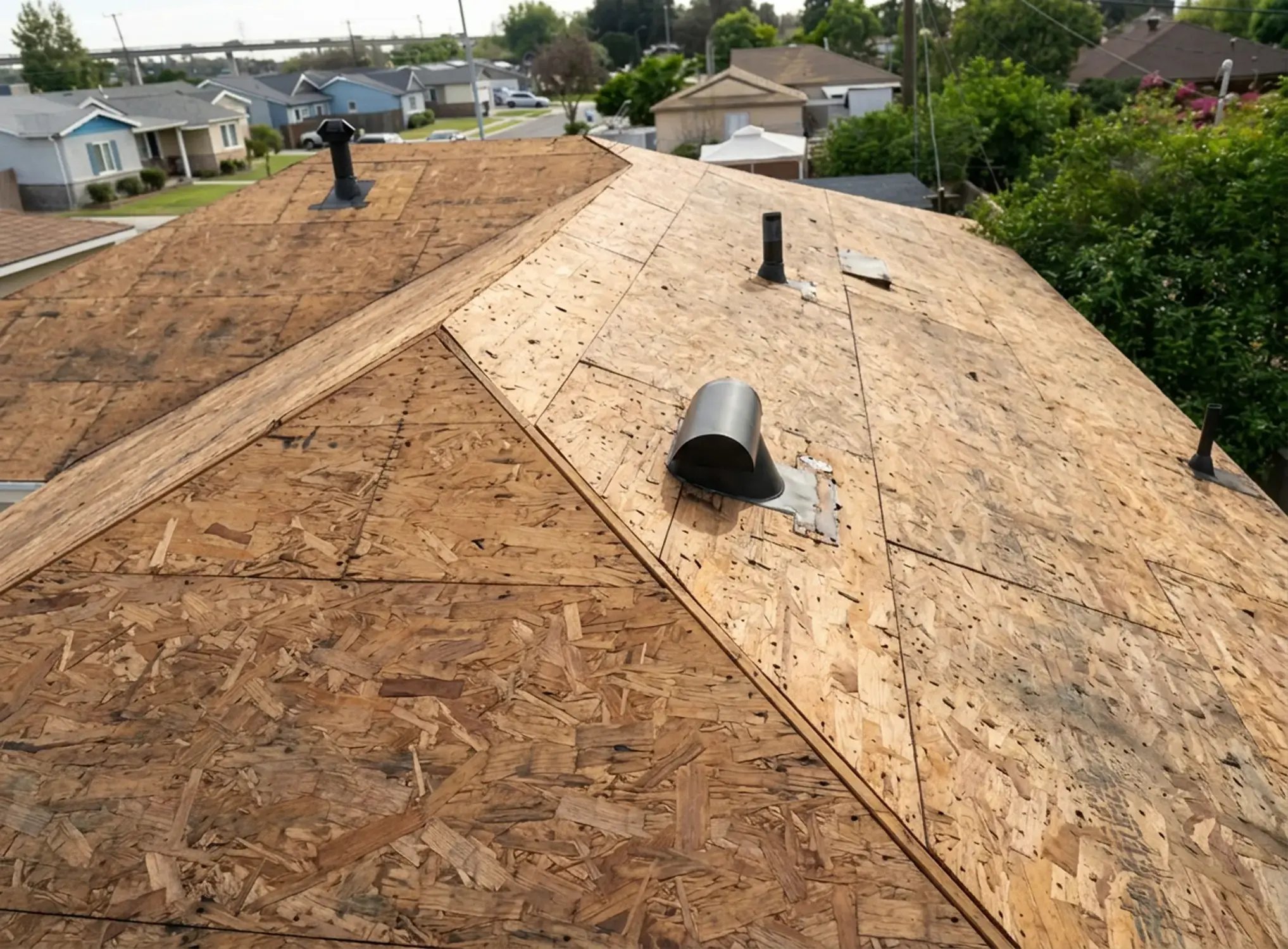New roof decking and vent boots installed during a residential roof replacement — Hybrid Renovations roofing contractor