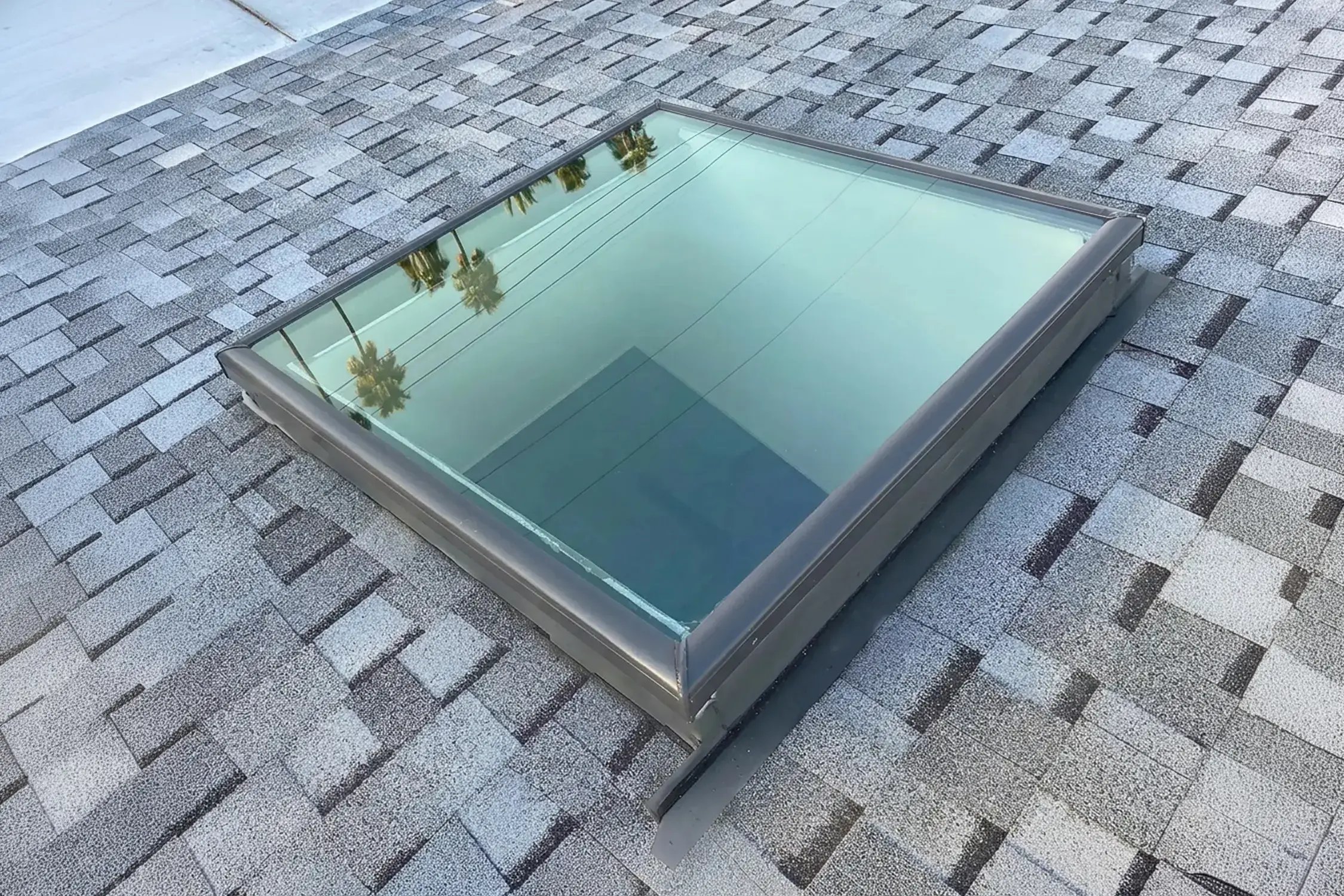 New 4 by 4 glass skylight flashed into the shingle field after roof replacement by Hybrid Renovations, Orange