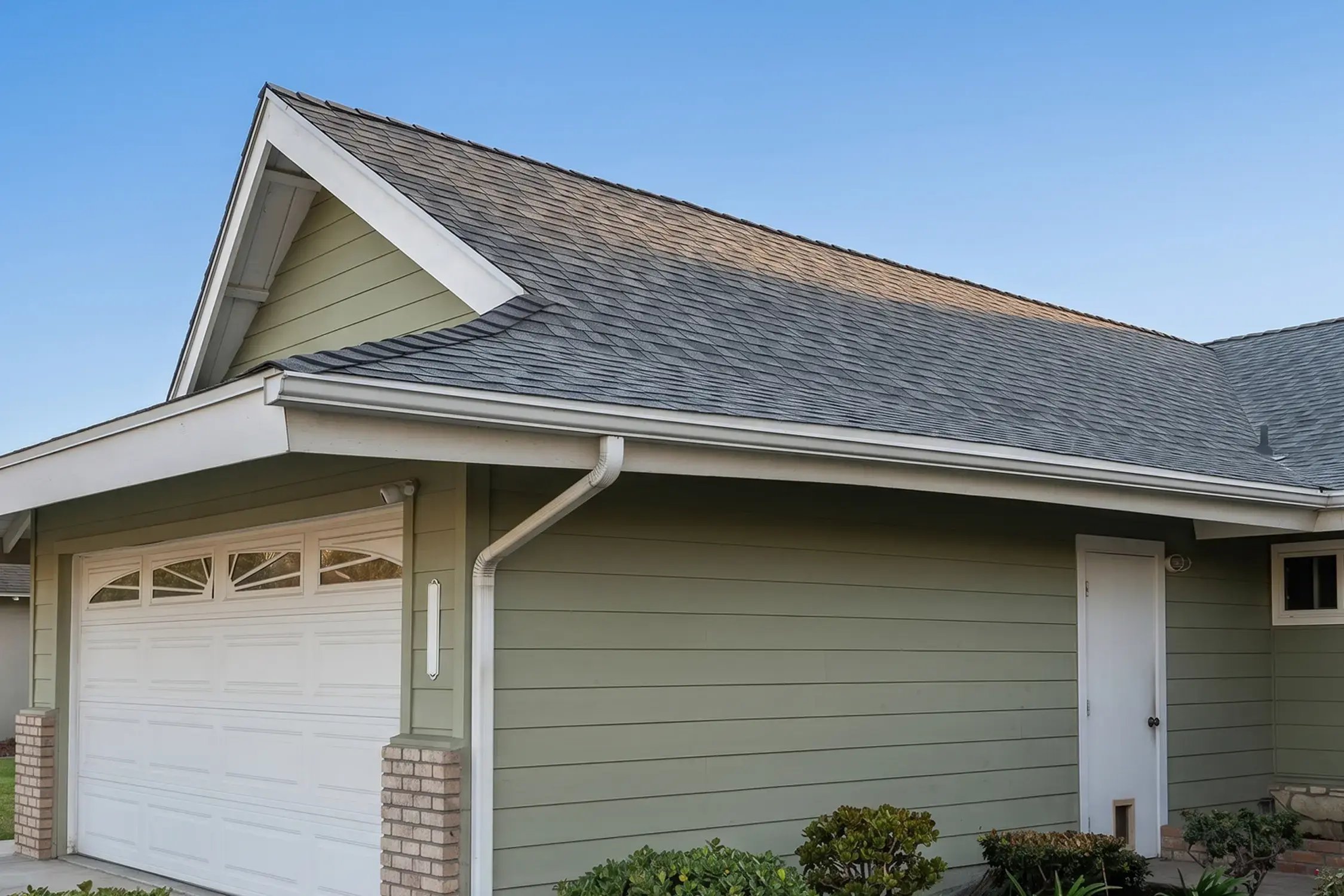 Charcoal Cliffside Grey shingles and white rake trim after roof replacement by Hybrid Renovations, Orange