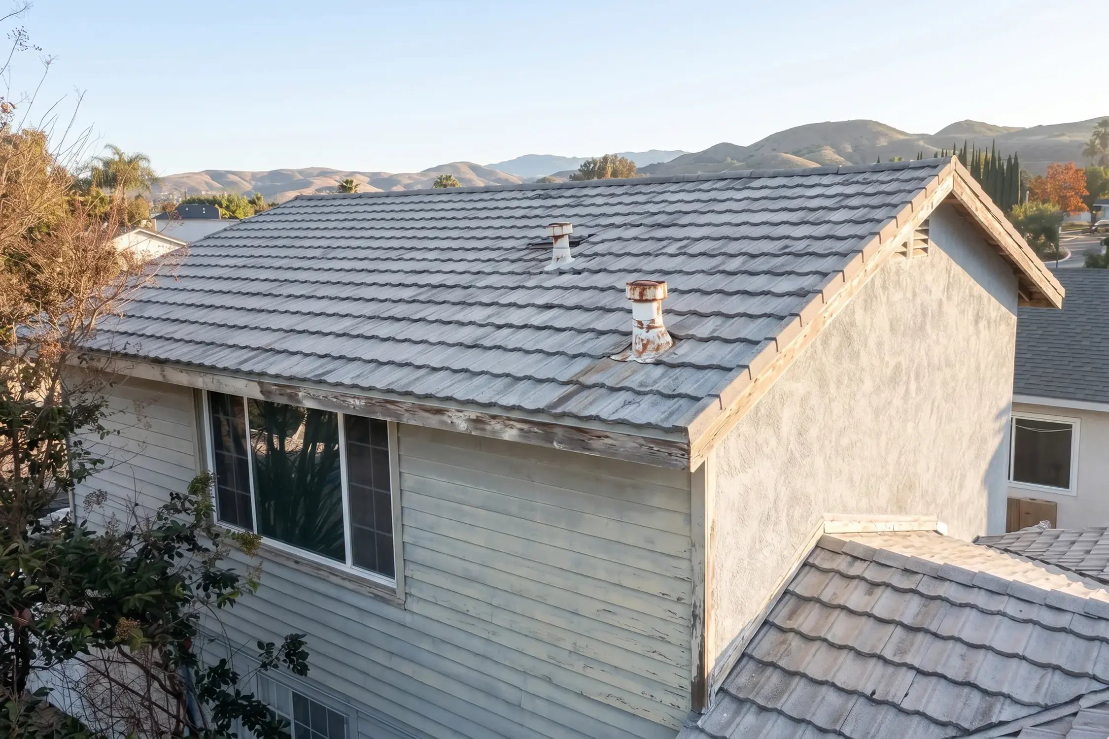 Weathered stone-coated metal tile roof with split fascia before roof replacement on two-story home in Orange