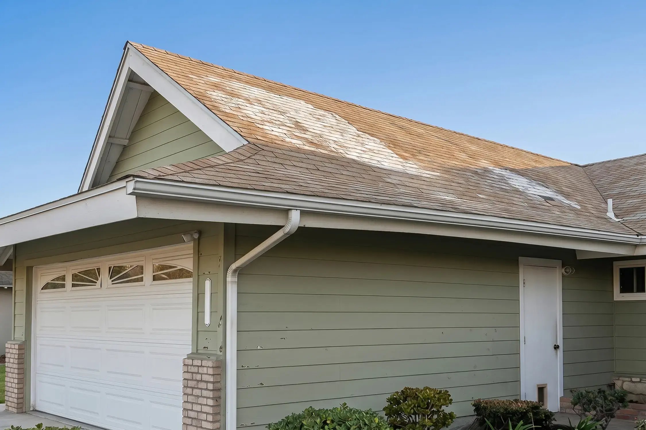 Weathered tan shingles with heavy granule loss above the garage gable before roof replacement, Orange