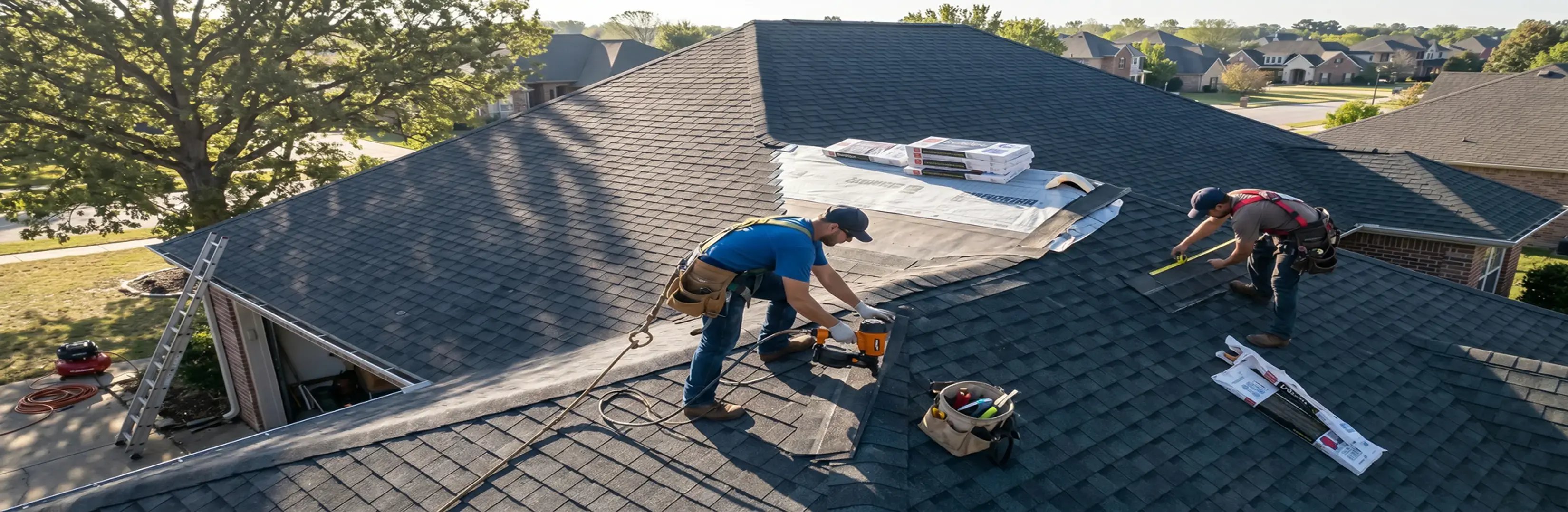 Roofers installing Owens Corning Duration asphalt shingles on a single-family home roof — Hybrid Renovations roofing contractor