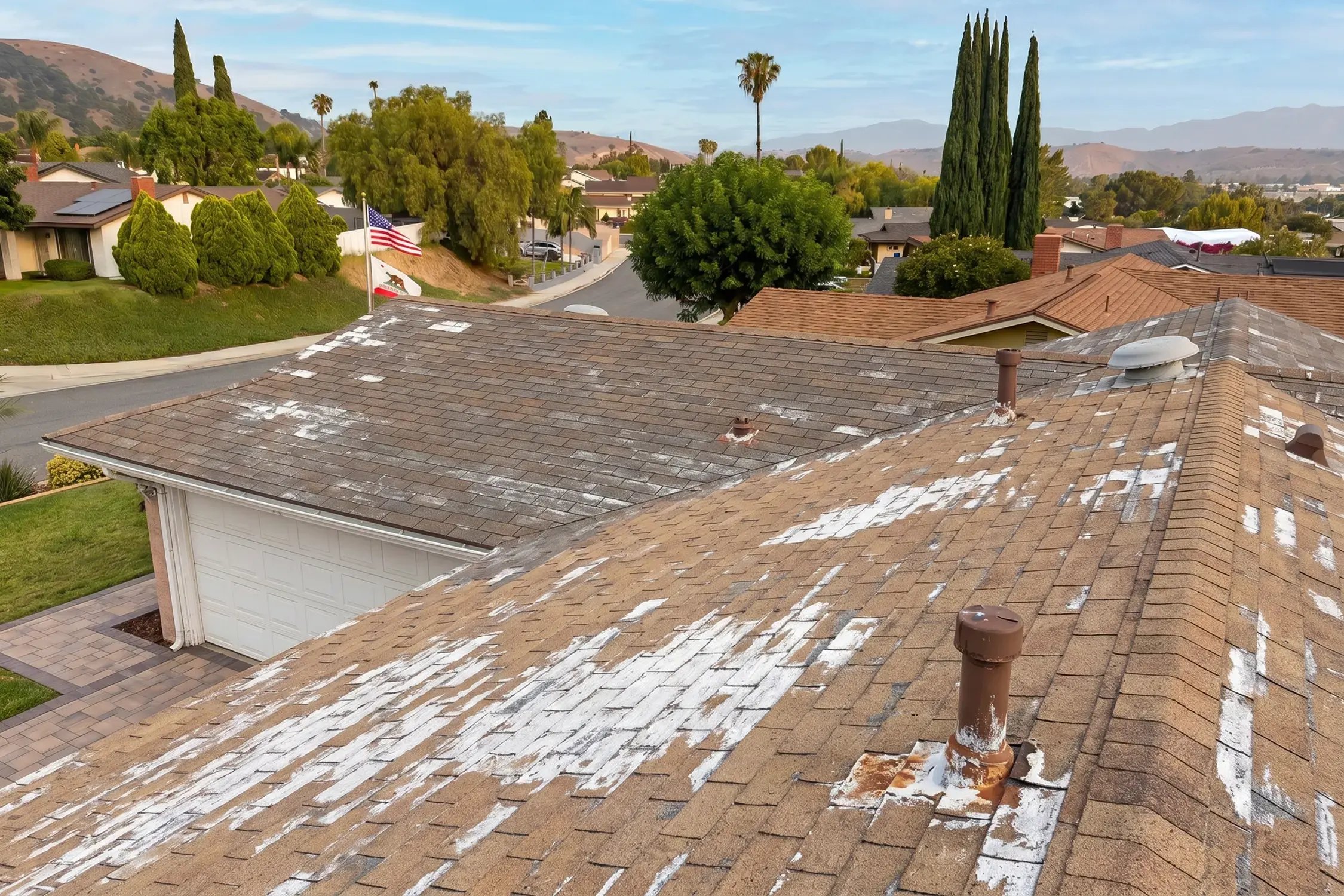 Worn two-layer composition shingles with heavy granule loss before roof replacement on a home in Pomona