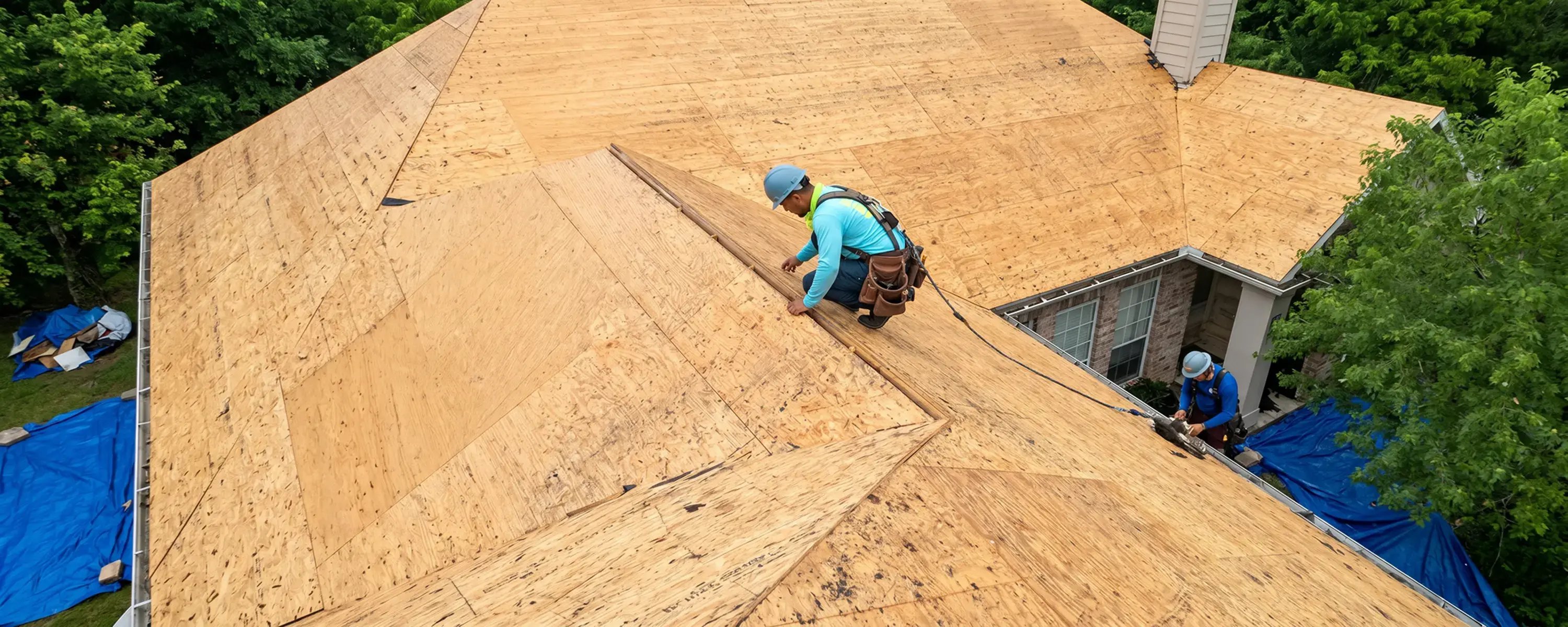 Two roofers on exposed wood roof decking during a full tear-off for residential roof replacement — Hybrid Renovations