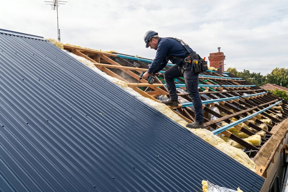 Roofer in a safety harness drilling dark metal roofing panels onto exposed rafters during a residential reroof