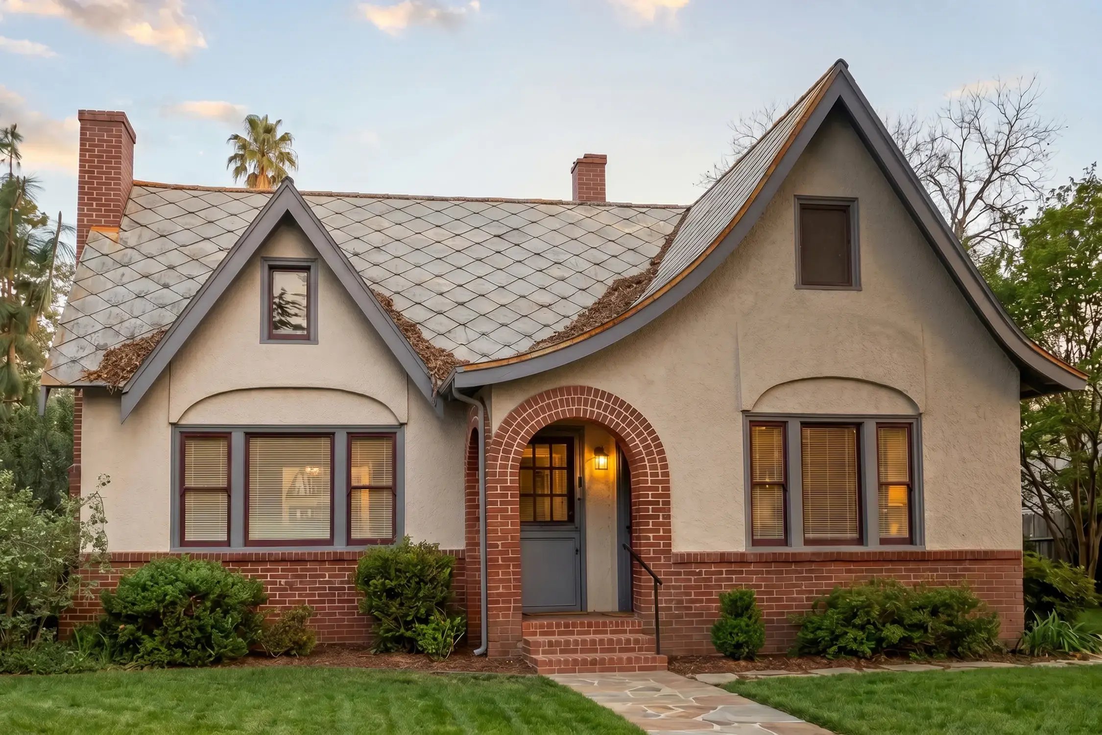 Aged light-toned tile roof with worn ridges and debris before full tear-off on a single-story Tudor cottage