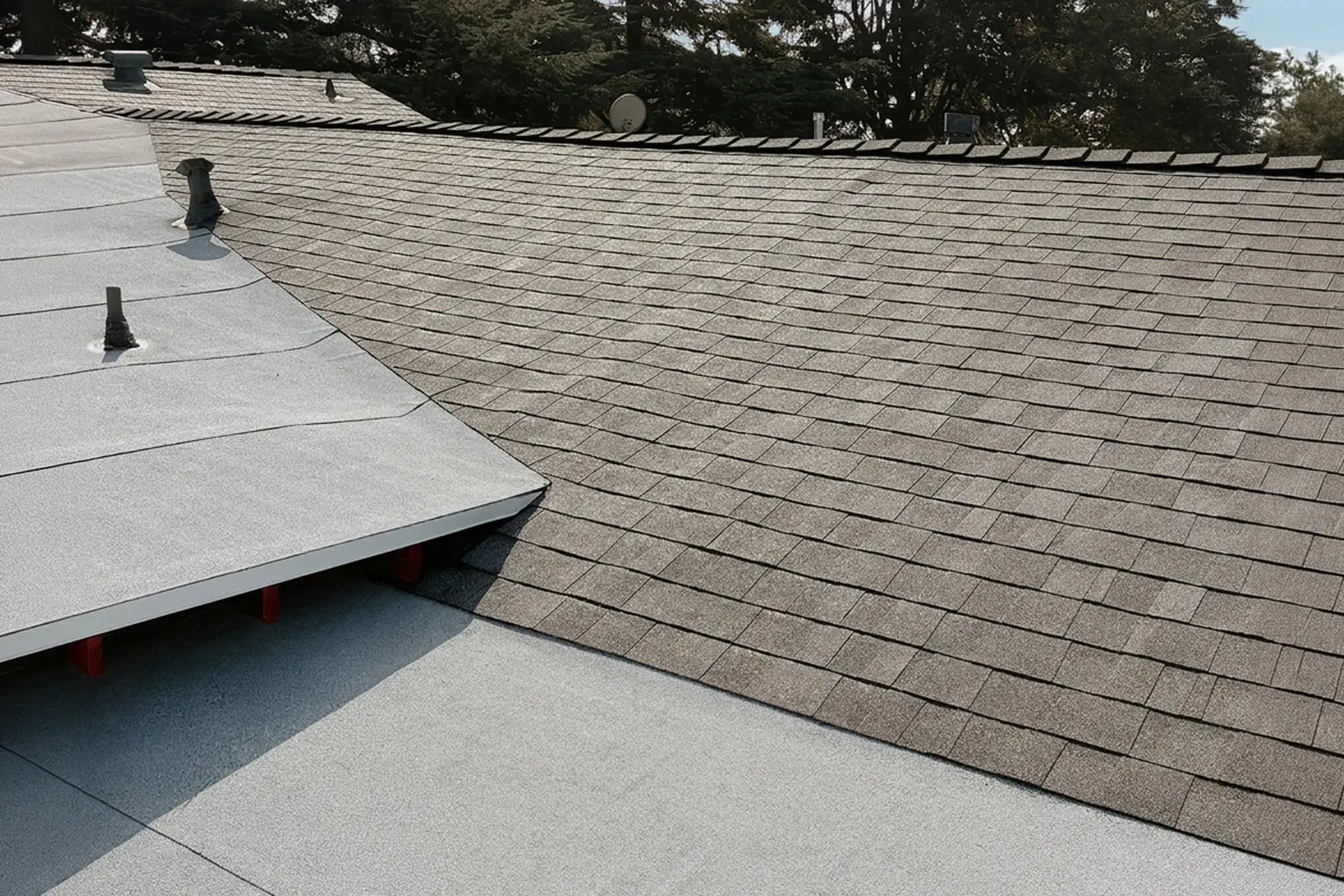 Close-up of a roof showing the transition between brown asphalt shingles and a gray flat rolled roof in Whittier