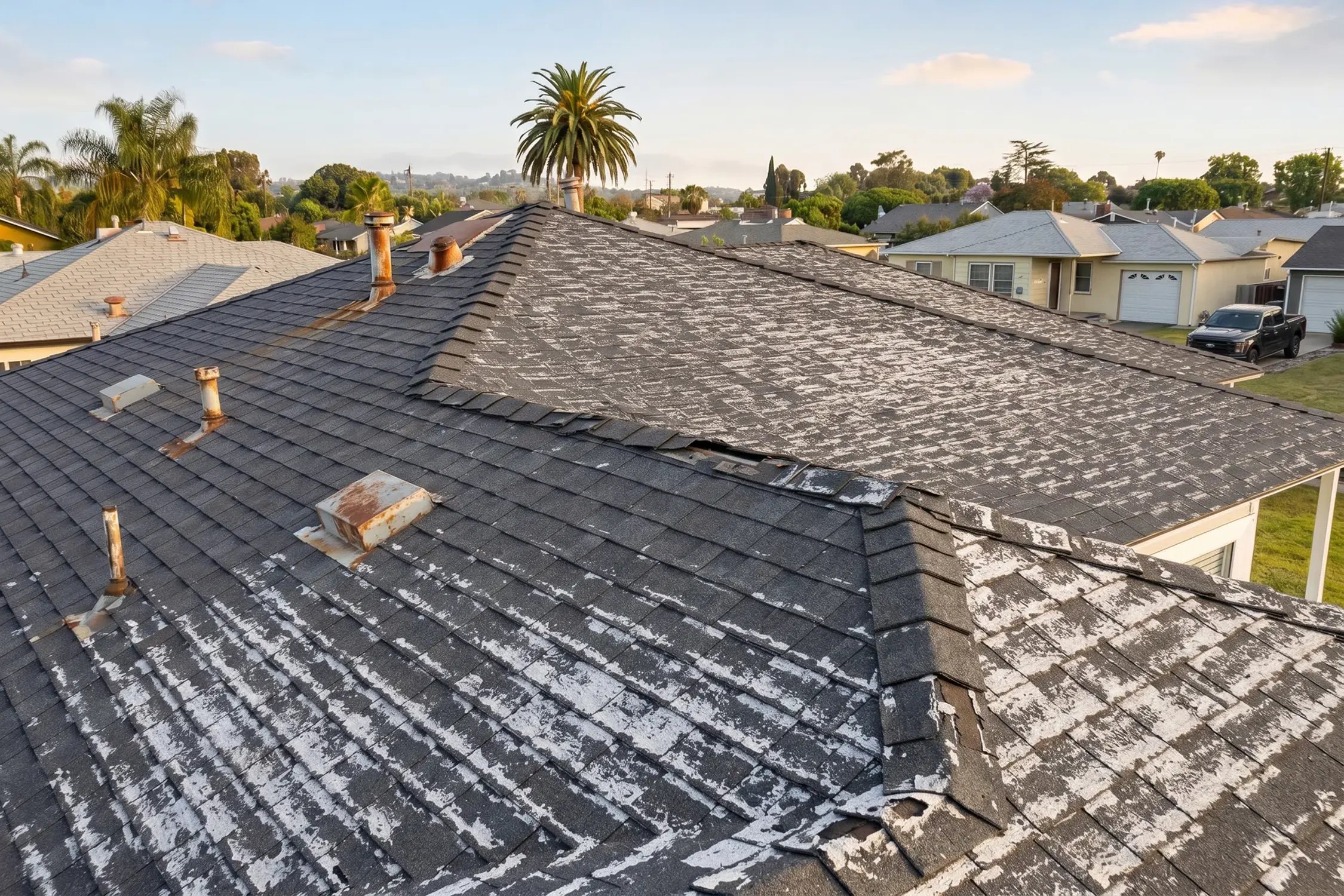 Old asphalt shingles with heavy granule loss and rusted vents before roof replacement in Whittier