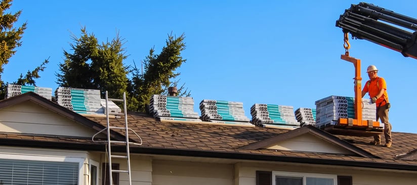 Bundles of asphalt roofing shingles staged across a residential roof as a contractor prepares for installation