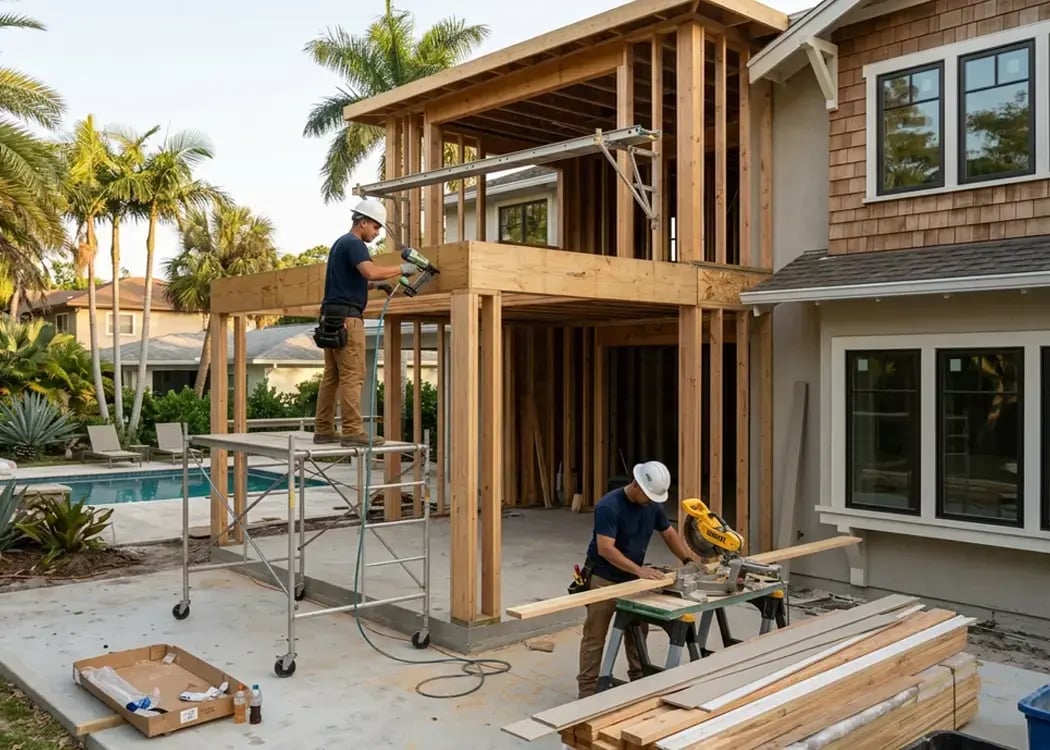 Two-story room addition wood framing rising at the back of a home as carpenters cut and fasten lumber