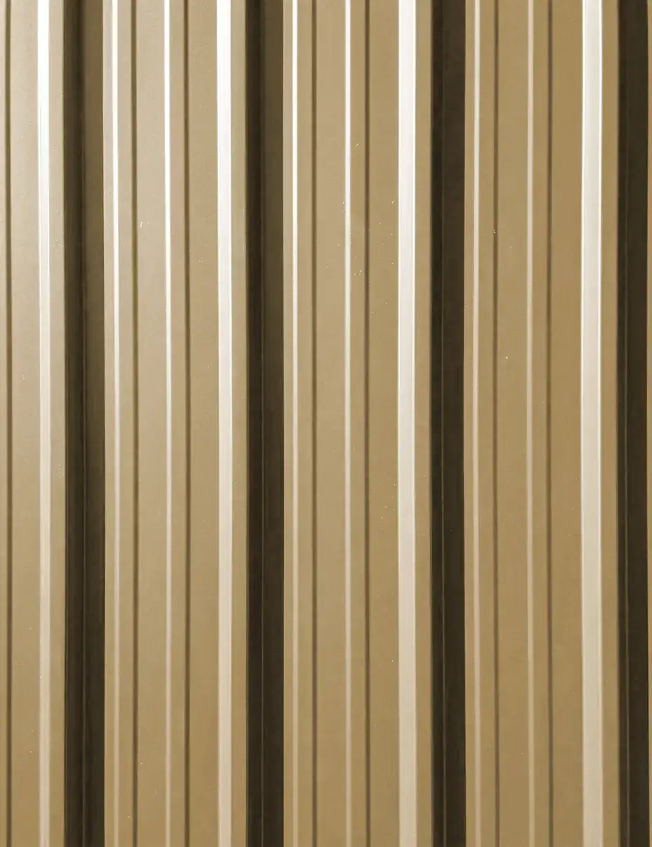 Sandstone tan tile-profile metal roofing color sample with a smooth barrel-tile surface — Hybrid Renovations