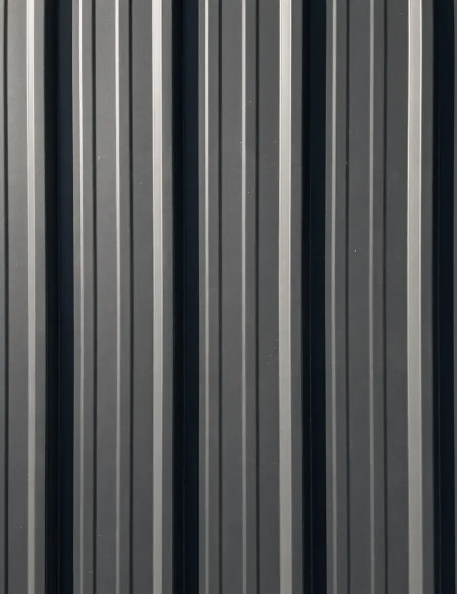 Slate gray standing seam metal roofing color sample with vertical ribbed panels — Hybrid Renovations