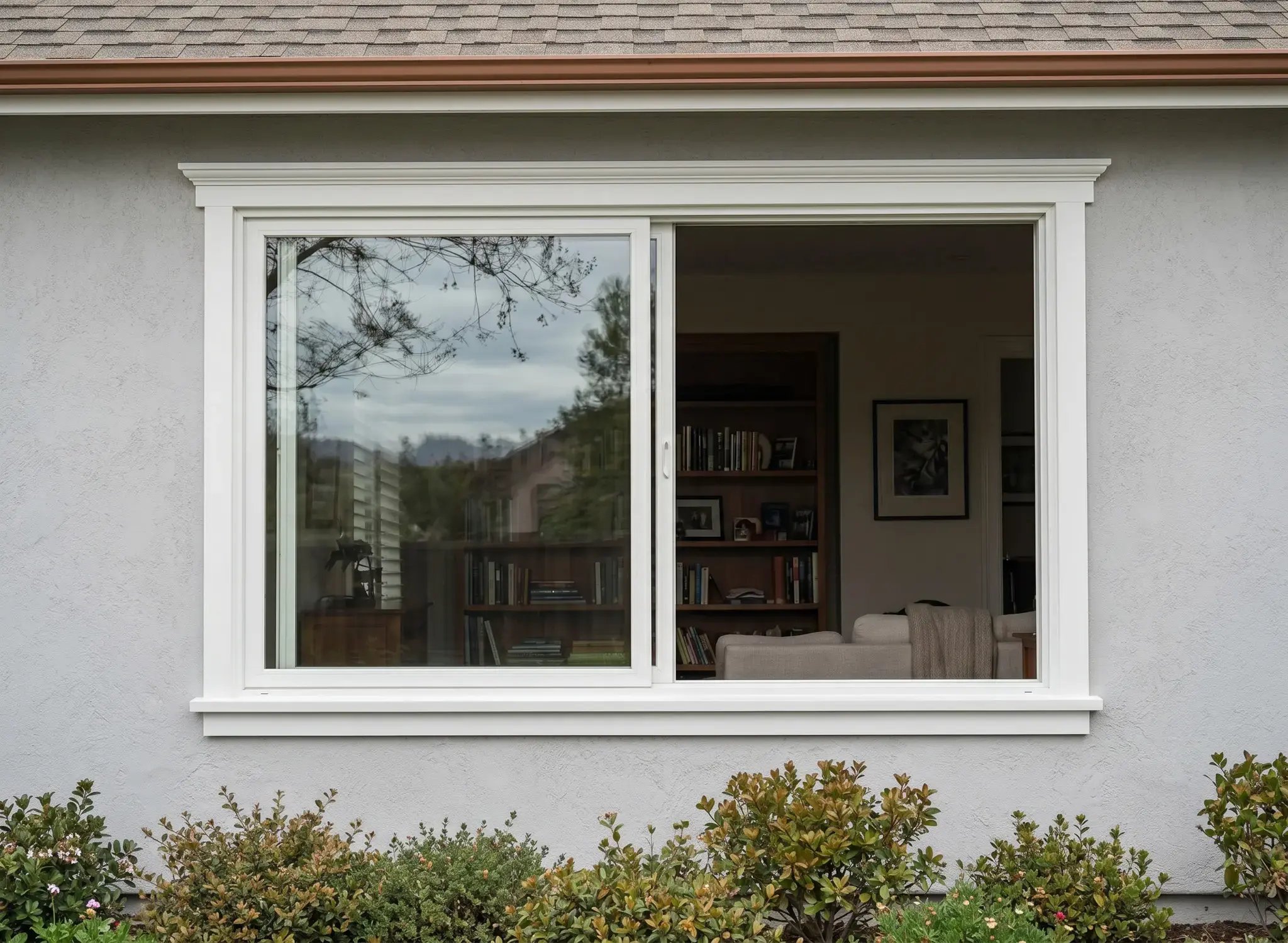 White horizontal slider window after replacement on a gray stucco single-family home
