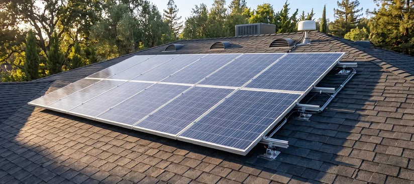 Solar array on a charcoal asphalt shingle roof with mounting rails, conduit and attic vents along the ridge