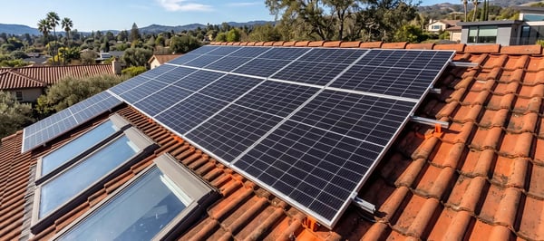 Solar array mounted on a red clay tile roof with visible tile hooks and rails beside two skylights