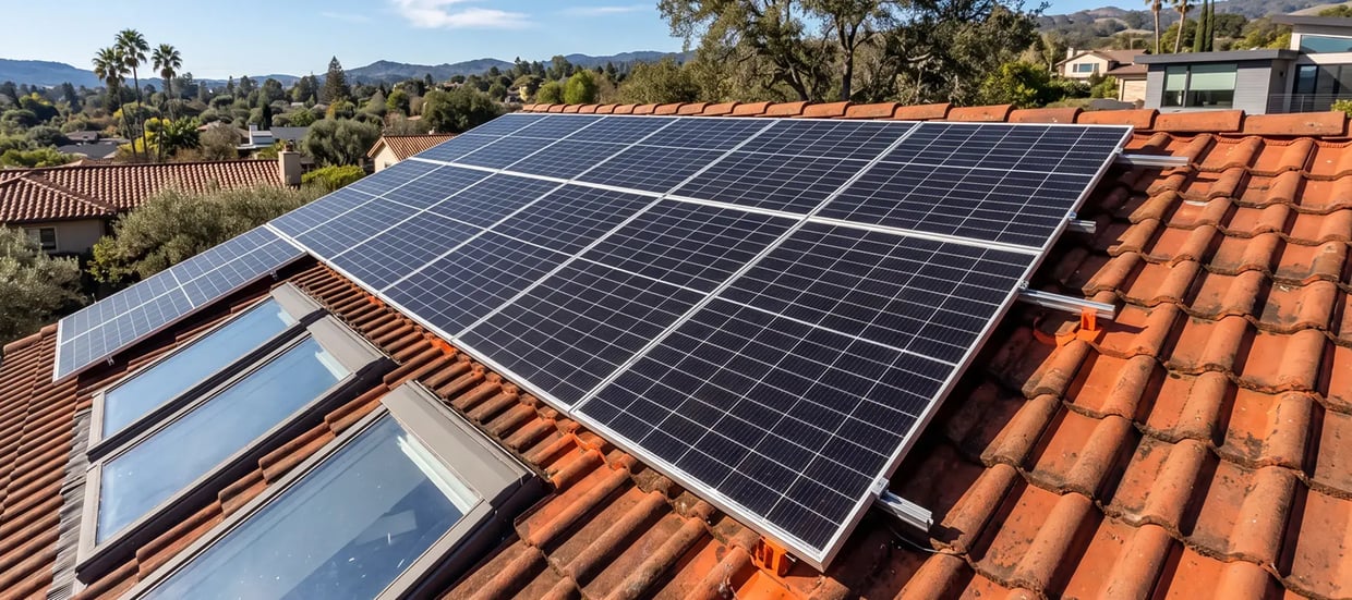 Solar array mounted on a red clay tile roof with visible tile hooks and rails beside two skylights