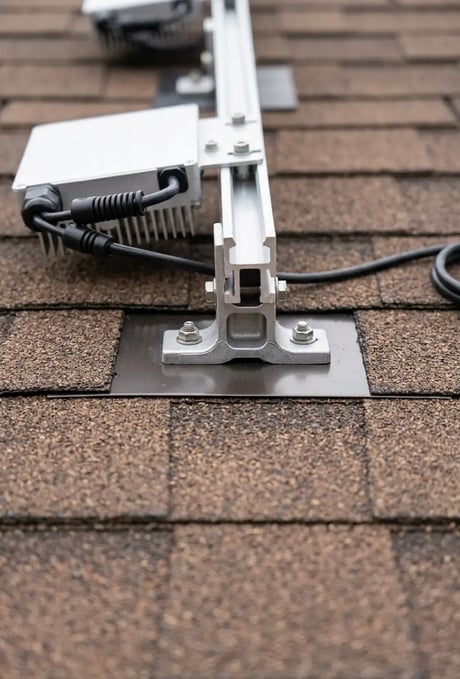 Solar mounting foot bolted through metal flashing on asphalt shingles beside a microinverter and rail