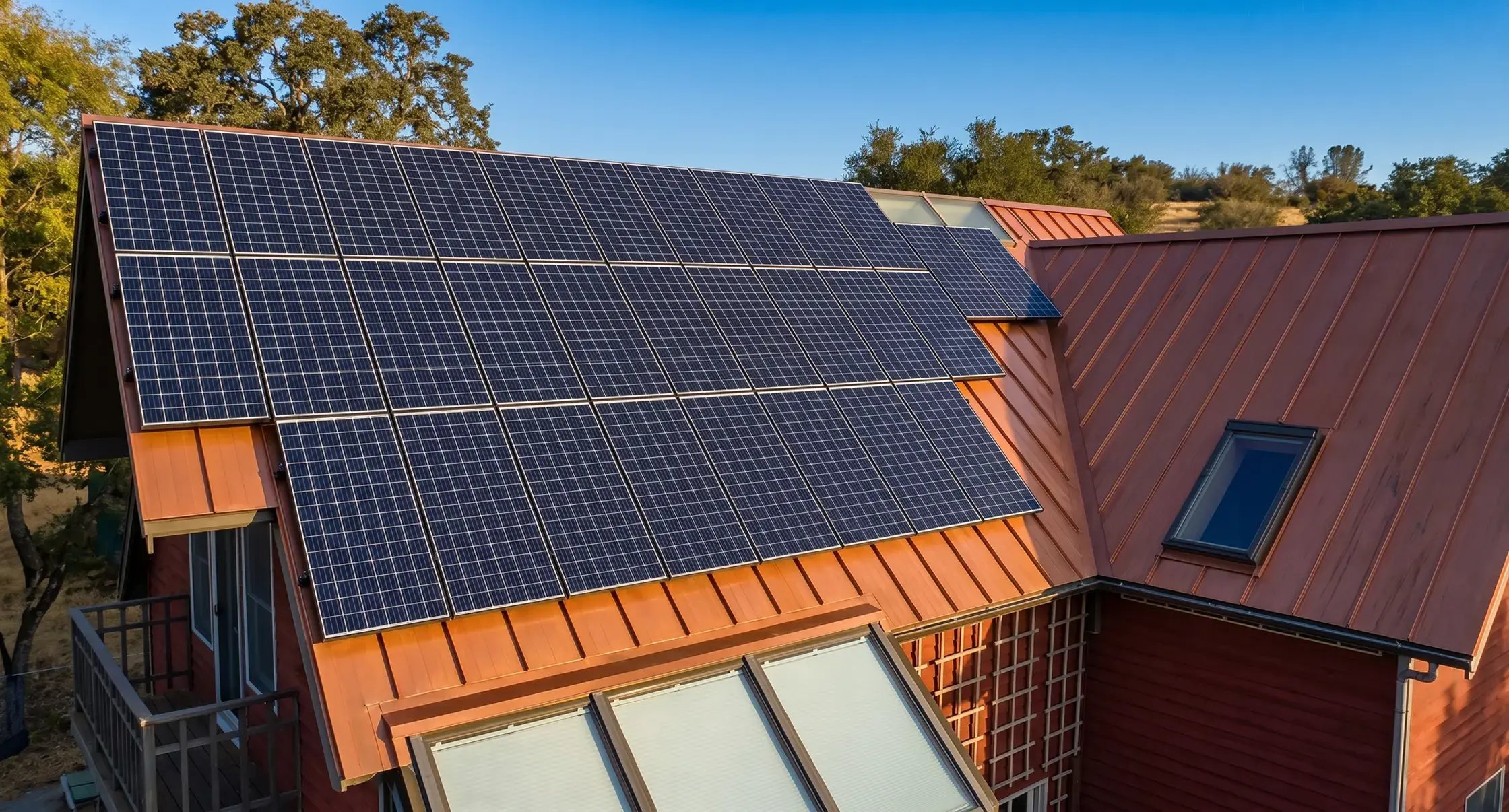 Rooftop solar panels mounted on a terracotta standing seam metal roof using a rail-and-clamp system