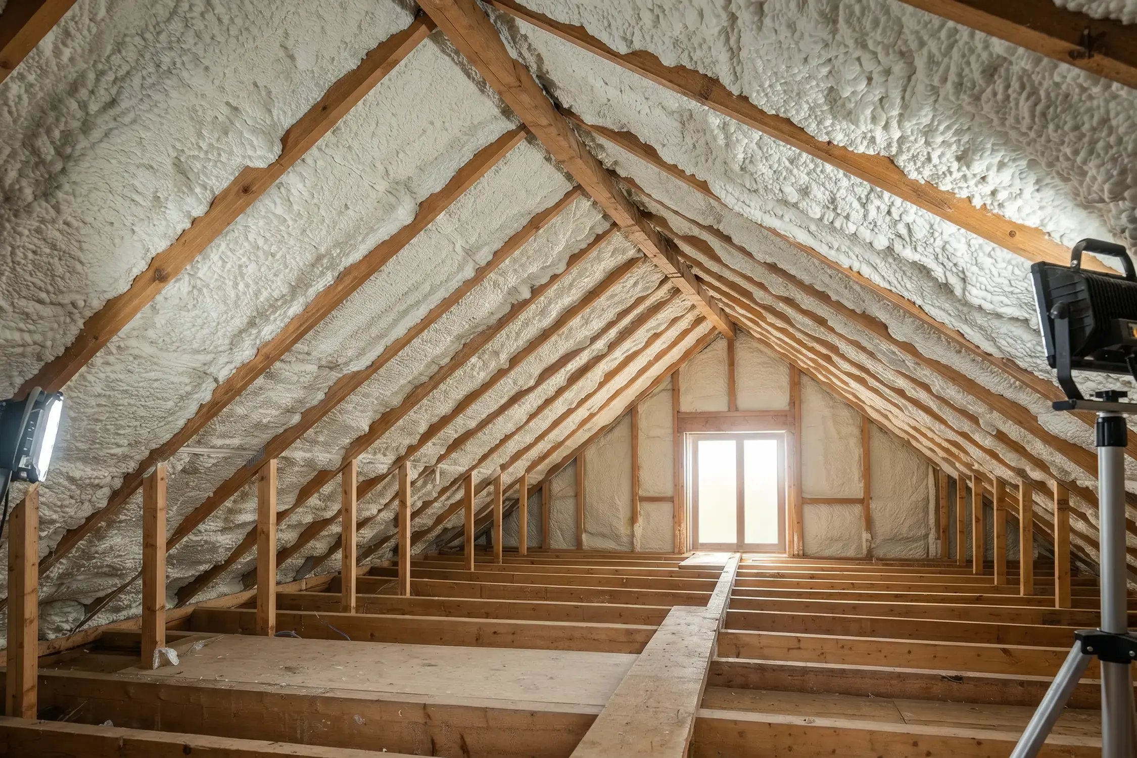 Spray foam attic insulation applied along roof rafters and attic walls during a residential insulation project.