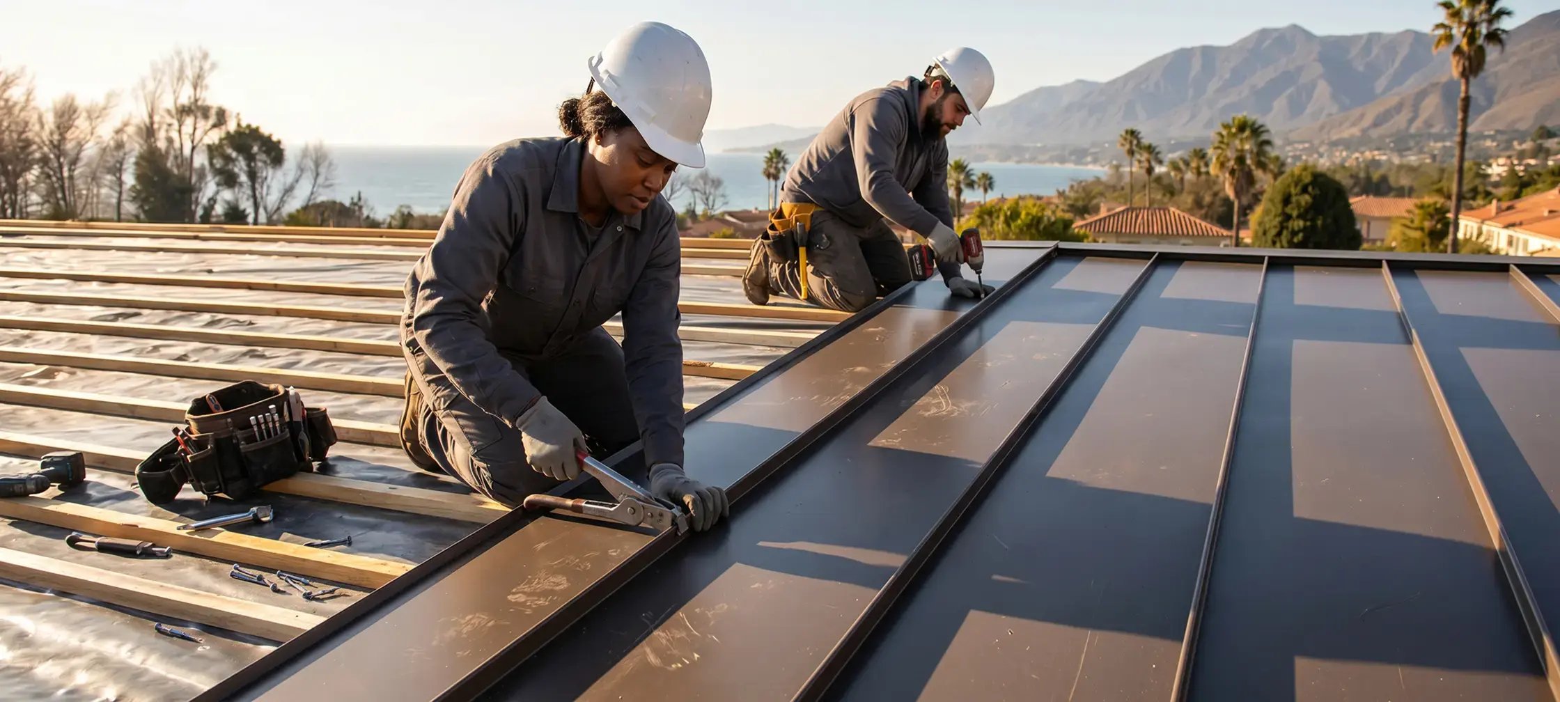 Roofing crew installing dark standing seam metal panels on a coastal California home under construction