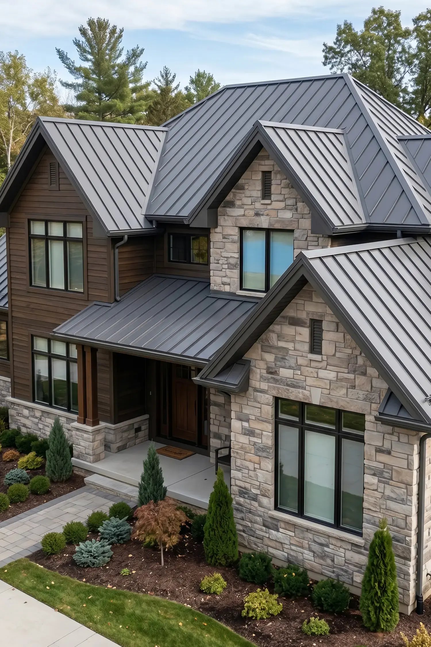 Dark gray standing-seam metal roof on a two-story stone and wood home with gabled rooflines