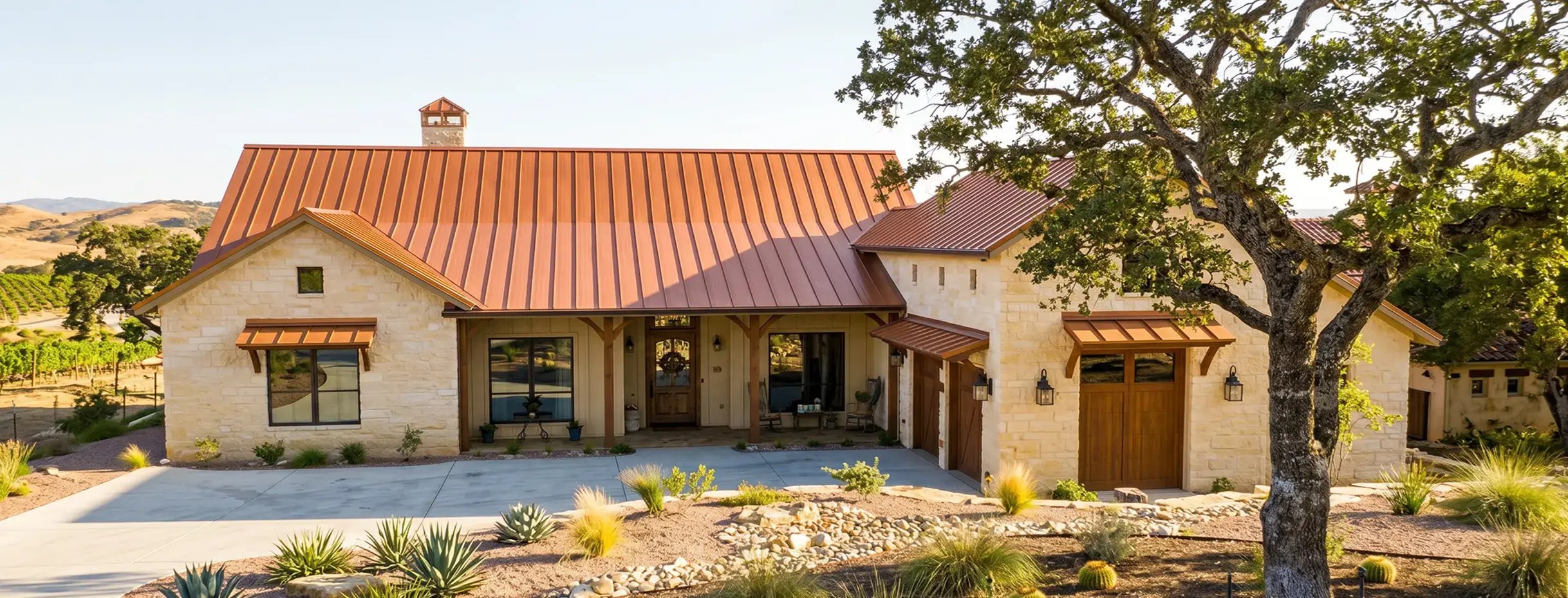 Warm bronze steel standing seam metal roof on a stone ranch home in inland California wine country — Hybrid Renovations