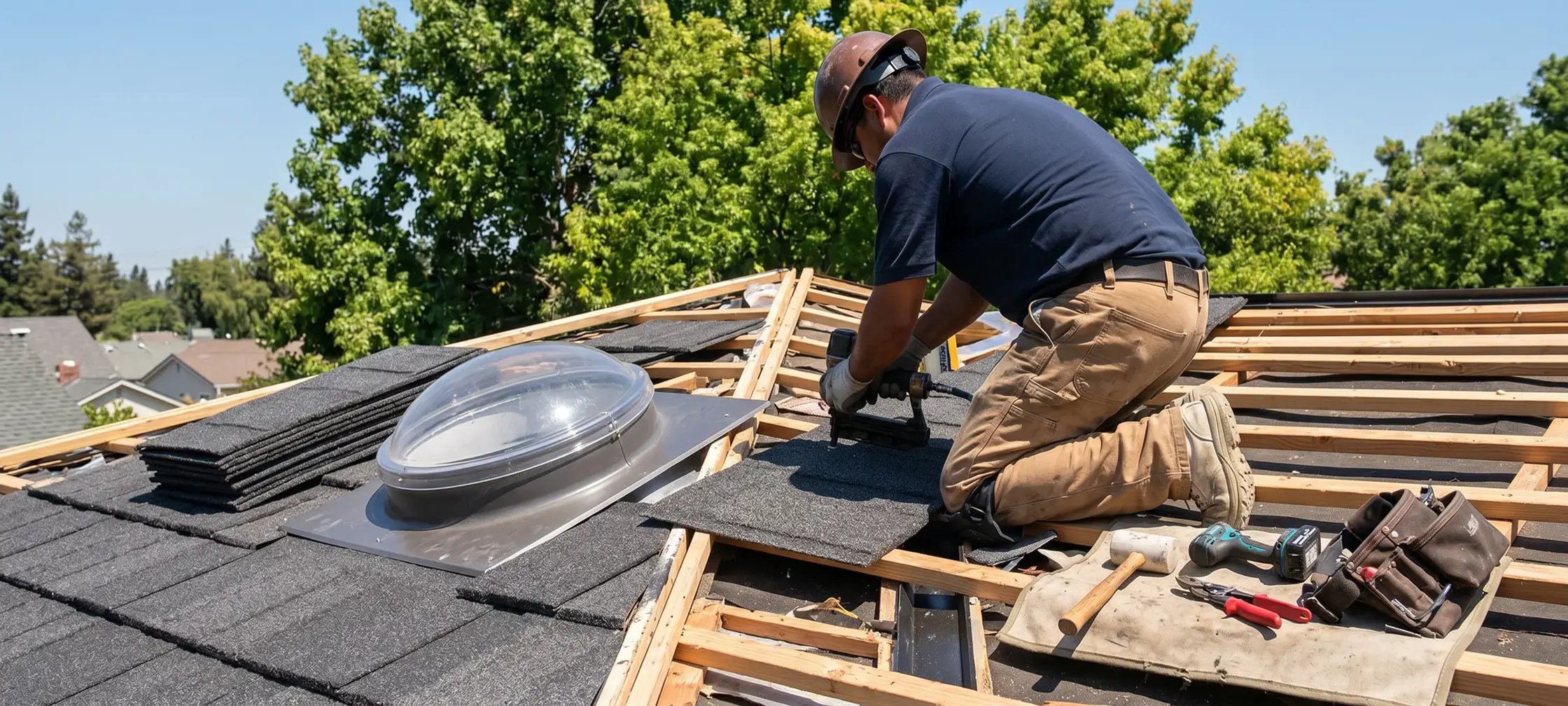 Roofer fastening dark stone-coated metal roofing during a residential roof replacement — Hybrid Renovations