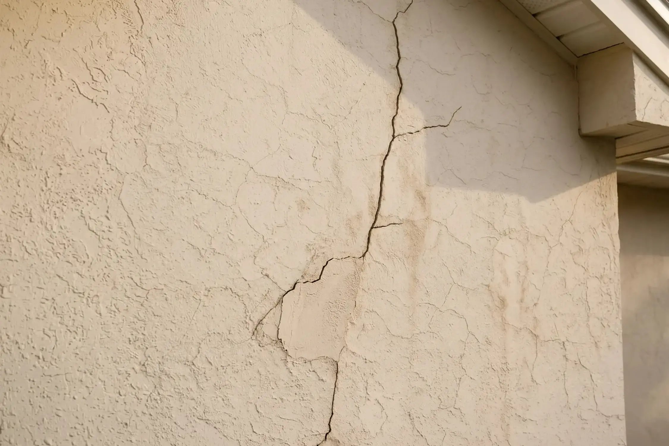 Long vertical crack and spider cracking across a cream stucco exterior wall below the roofline